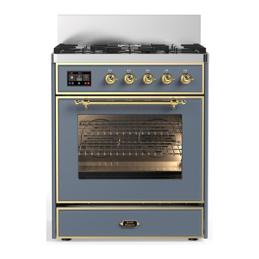 Ilve UM30NR3BGG Ilve Um30Nr3Bgg Majestic Iii 30 Inch Dual Fuel Range With 5 Black Brass Burners, Dual Function Burner Up To 25,000 Btu (Natural Gas, Triple Glass Door, Blue Grey, Brass)