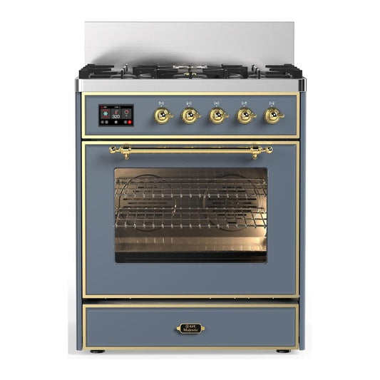 Ilve UM30NR3BGG Ilve Um30Nr3Bgg Majestic Iii 30 Inch Dual Fuel Range With 5 Black Brass Burners, Dual Function Burner Up To 25,000 Btu (Natural Gas, Triple Glass Door, Blue Grey, Brass)