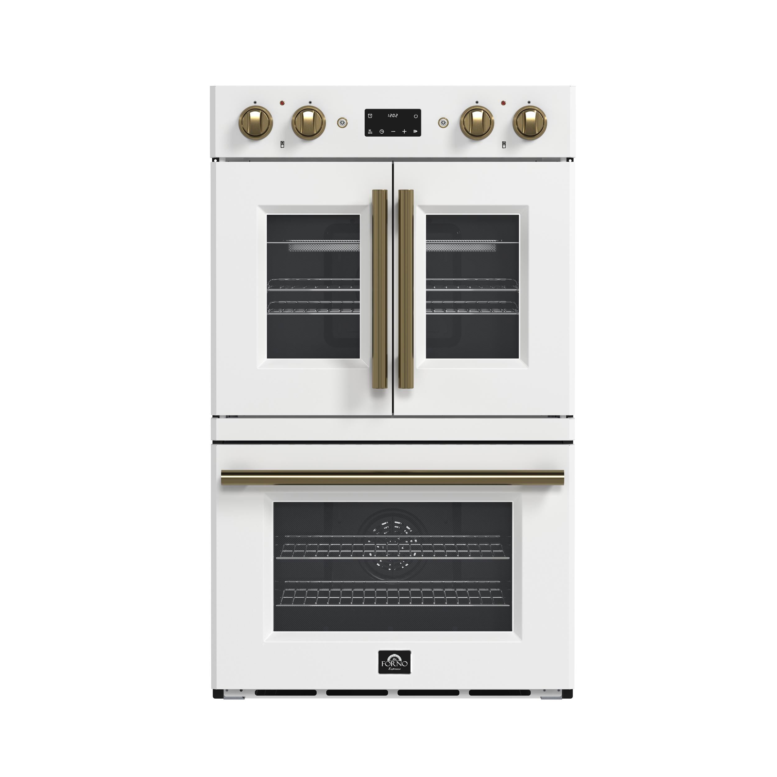 Forno FBOEL134030WHT Forno Asti 30-Inch Double Electric Wall Oven With Upper French Doors In White & Antique Brass, 7.36 Cu. Ft. Dual True Convection, 7,200W, Air Fry, Sous Vide, Self-Clean