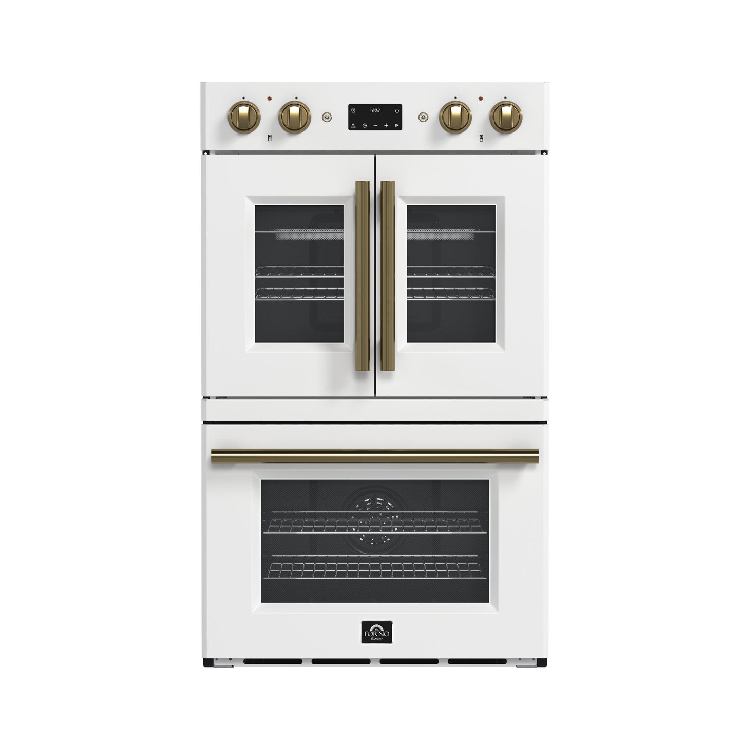 Forno FBOEL134030WHT Forno Asti 30-Inch Double Electric Wall Oven With Upper French Doors In White & Antique Brass, 7.36 Cu. Ft. Dual True Convection, 7,200W, Air Fry, Sous Vide, Self-Clean