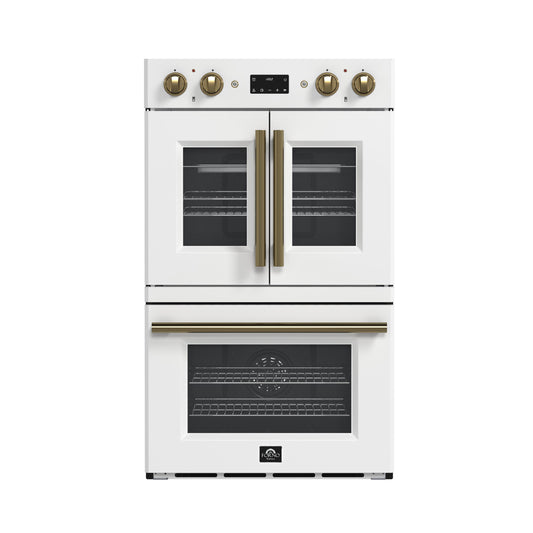 Forno FBOEL134030WHT Forno Asti 30-Inch Double Electric Wall Oven With Upper French Doors In White & Antique Brass, 7.36 Cu. Ft. Dual True Convection, 7,200W, Air Fry, Sous Vide, Self-Clean