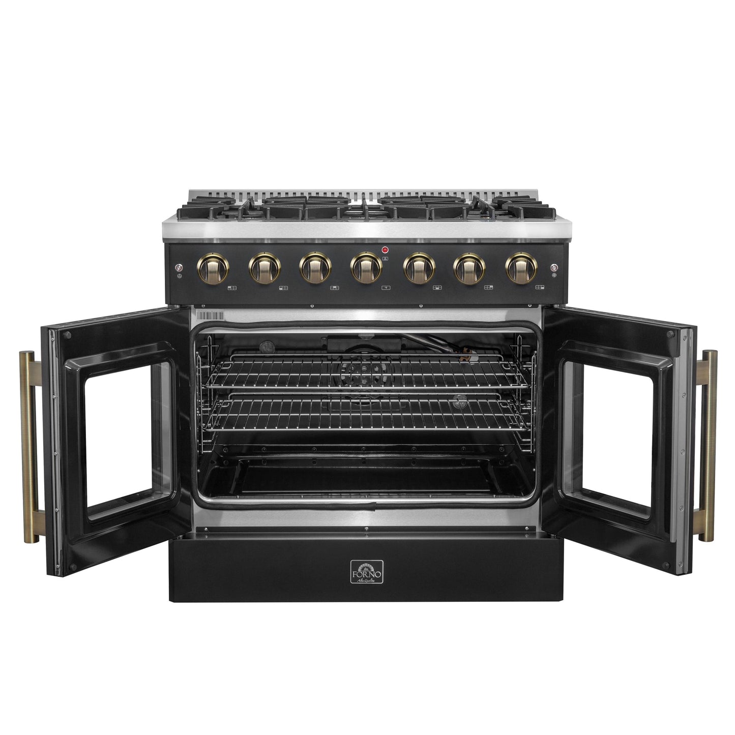 Forno FFSGS644436BLK Forno Galiano 36-Inch French Door Gas Range Black And Antique Brass Design, 6 Sealed Burners 83,000 Btu, 5.36 Cu.Ft. Convection Oven
