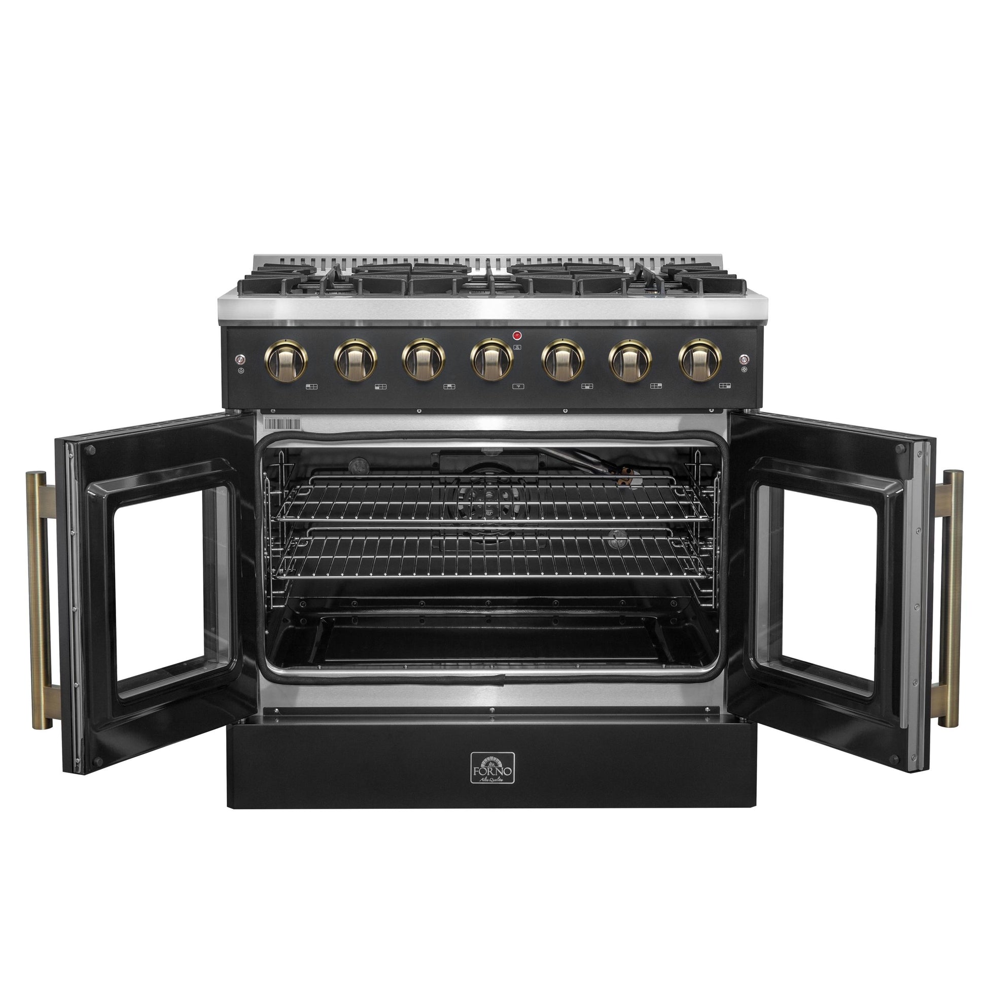 Forno FFSGS644436BLK Forno Galiano 36-Inch French Door Gas Range Black And Antique Brass Design, 6 Sealed Burners 83,000 Btu, 5.36 Cu.Ft. Convection Oven