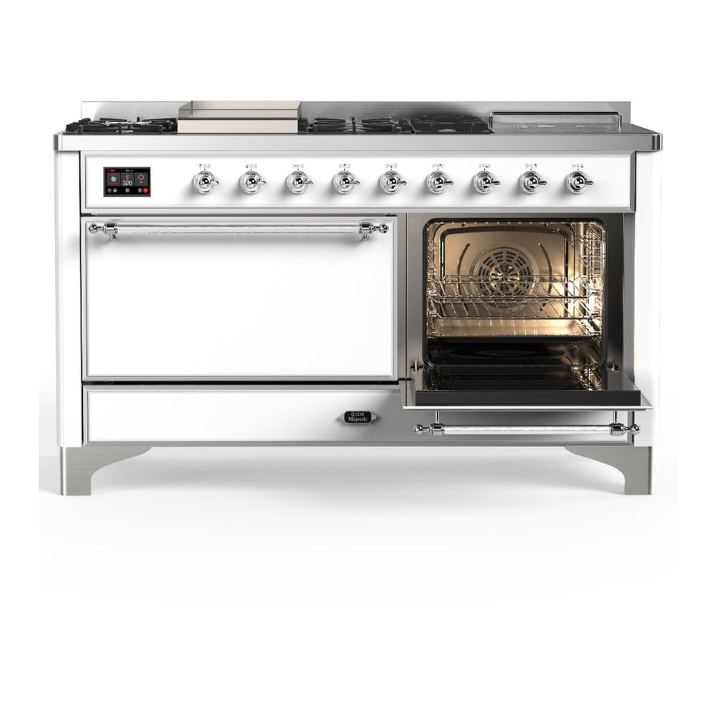 Ilve UM60FSQNR3WHC Ilve Um60Fsqnr3Whc Majestic Iii 60 Inch Dual Fuel Range With 7 Burners, Griddle And French Top, Dual Function Burner With Up To 25,000 Btu (Natural Gas, Solid Door, White, Chrome)