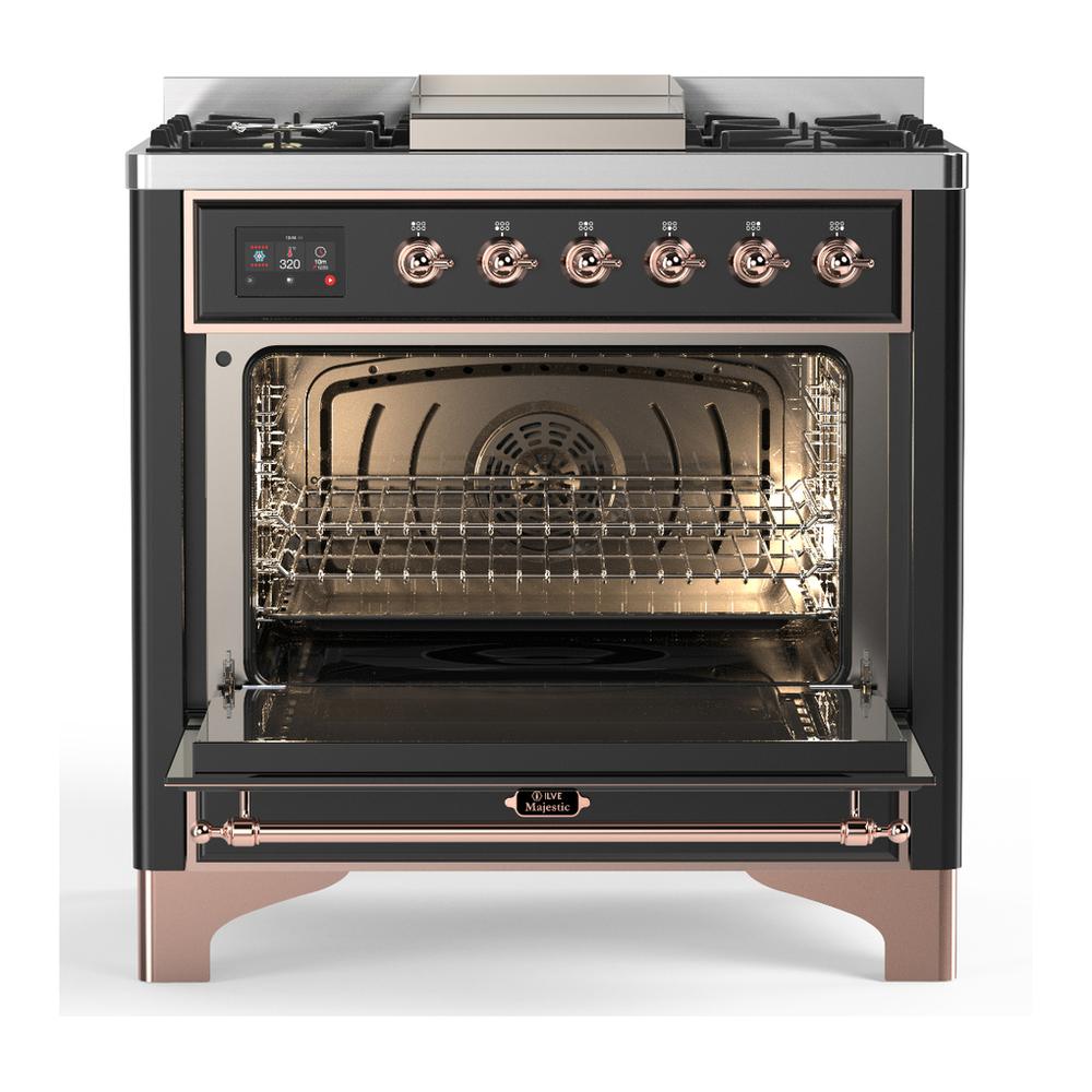Ilve UM36FNR3MGPLP Ilve Um36Fnr3Mgplp Majestic Iii 36 Inch Dual Fuel Range With 6 Black Brass Burners And Griddle, Dual Function Burner Up To 25,000 Btu (Triple Glass Door, Graphite Matte, Copper, Liquid Propane)