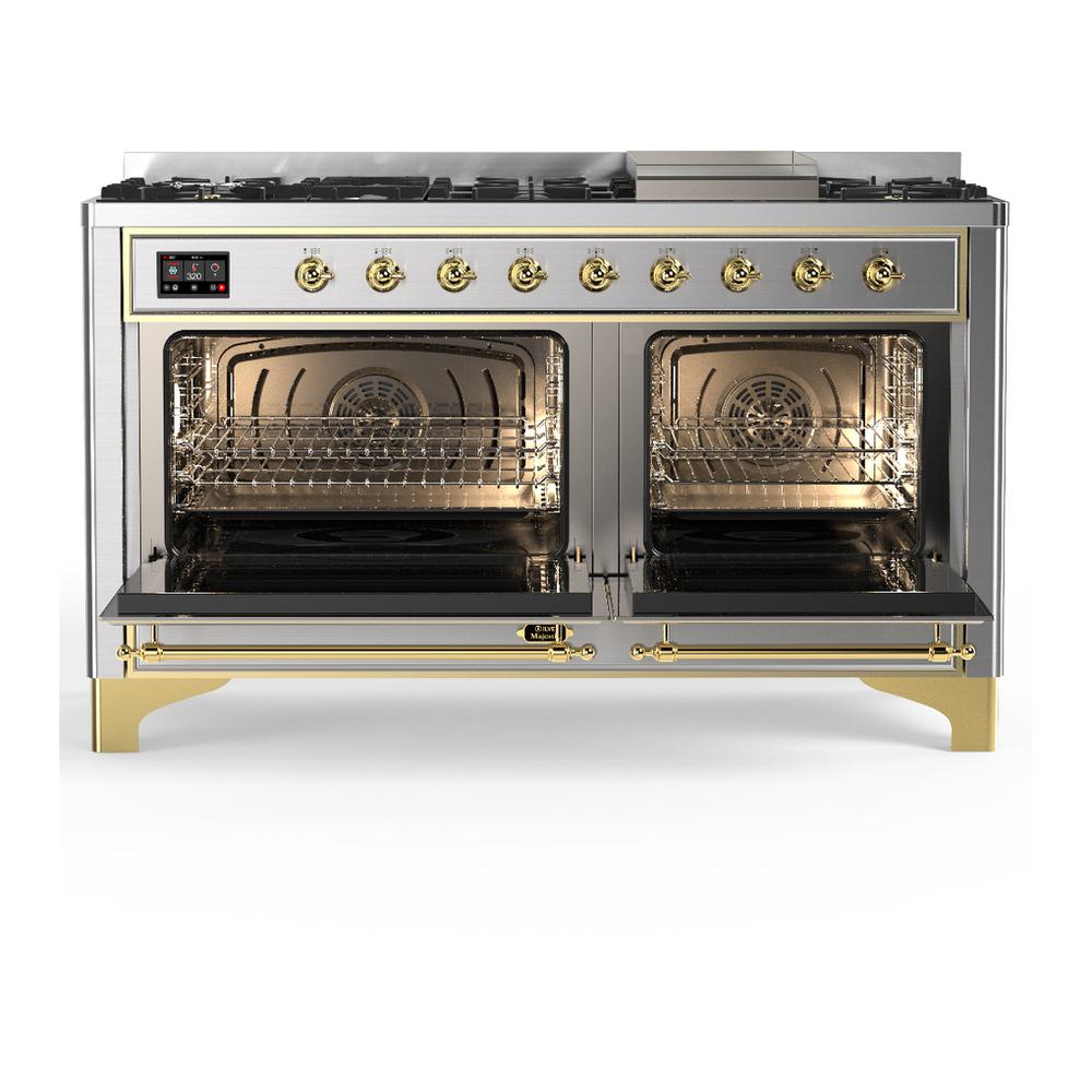 Ilve UM60FQNR3SSGLP Ilve Um60Fqnr3Ssglp Majestic Iii 60 Inch Dual Fuel Range With 9 Burners And Griddle, Dual Function Burner Up To 25,000 Btu (Liquid Propane, Solid Door, Stainless Steel, Brass)