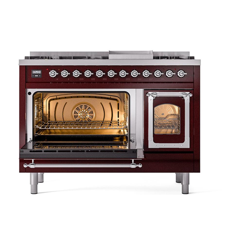 Ilve UN48FNMPBUC Ilve Un48Fnmpbuc Nostalgie Ii Noblesse 48" Dual Fuel Range (8 Sealed Burners + Griddle, Natural Gas, Triple Glass Door, Burgundy, Chrome)