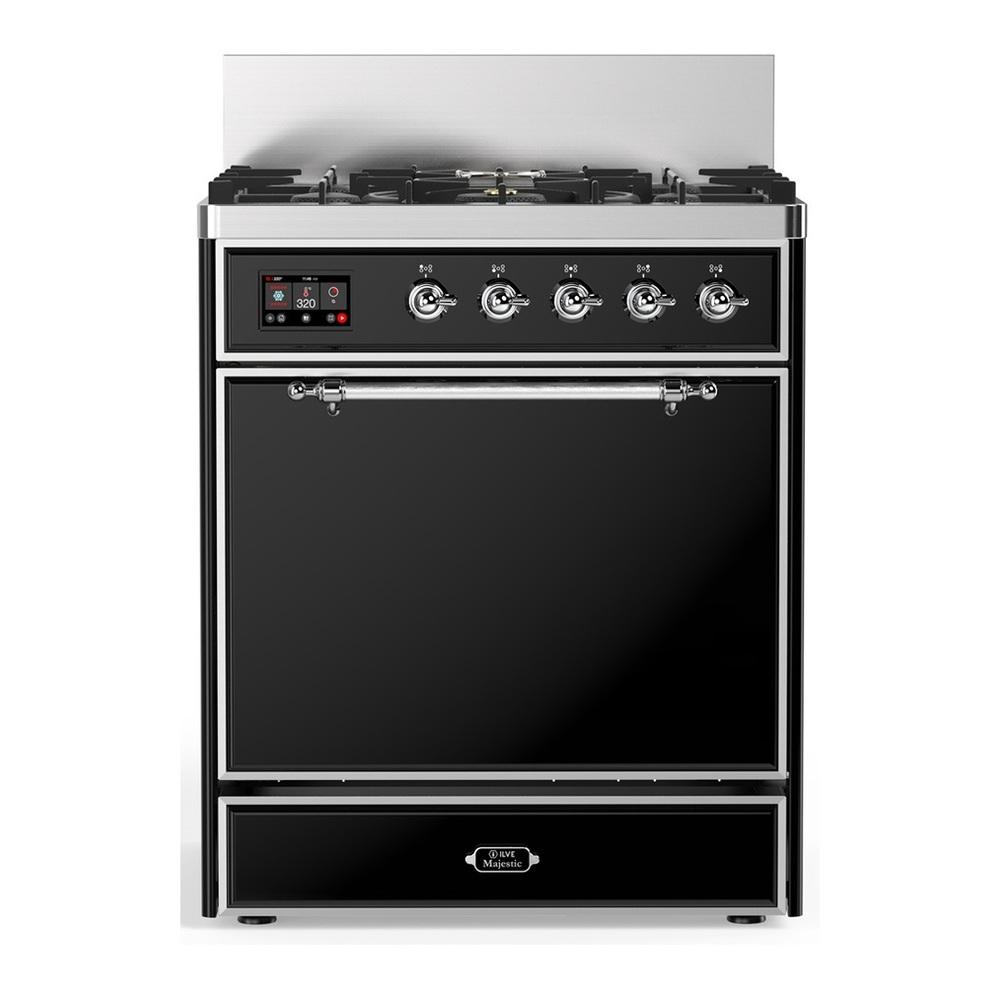 Ilve UM30QNR3BKCLP Ilve Um30Qnr3Bkclp Majestic Iii 30 Inch Dual Fuel Range With 5 Black Brass Burners, Dual Function Burner Up To 25,000 Btu (Liquid Propane, Solid Door, Glossy Black, Chrome)