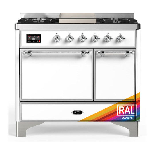 Ilve UMD40FQNR3RACLP Ilve Umd40Fqnr3Raclp Majestic Iii 40 Inch Dual Fuel Range With 6 Burners And Griddle, Dual Function Burner Up To 25,000 Btu (Liquid Propane, Solid Door, Ral, Chrome)