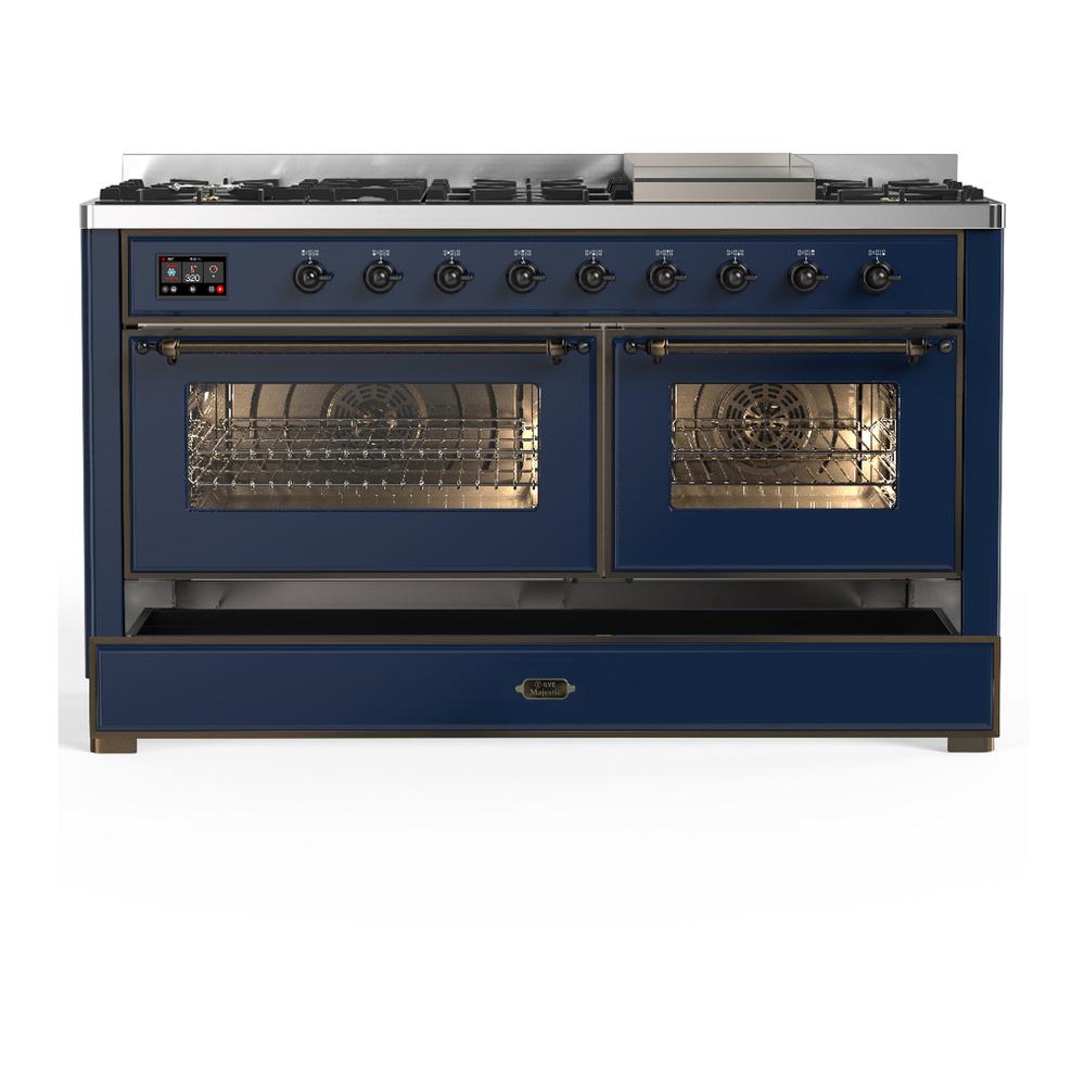 Ilve UM60FNR3MBBLP Ilve Um60Fnr3Mbblp Majestic Iii 60 Inch Dual Fuel Range With 9 Burners And Griddle, Dual Function Burner Up To 25,000 Btu (Liquid Propane, Triple Glass Door, Midnight Blue, Burnished)