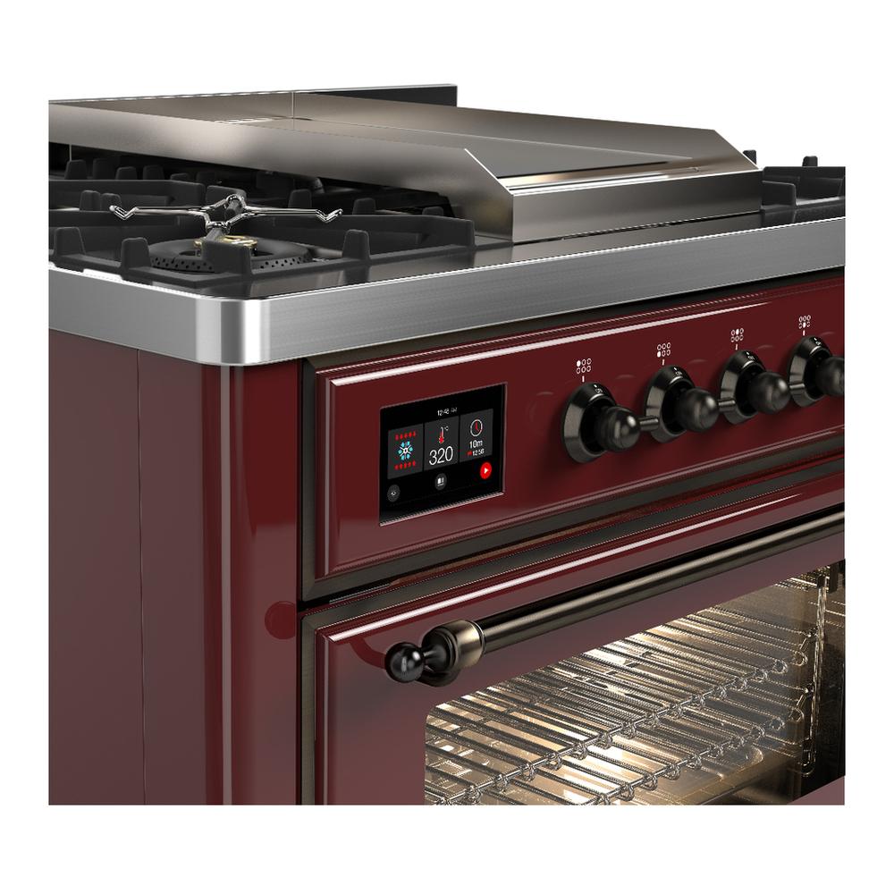 Ilve UM36FNR3BUB Ilve Um36Fnr3Bub Majestic Iii 36 Inch Dual Fuel Range With 6 Black Brass Burners And Griddle, Dual Function Burner Up To 25,000 Btu (Triple Glass Door, Burgundy, Burnished, Natural Gas)