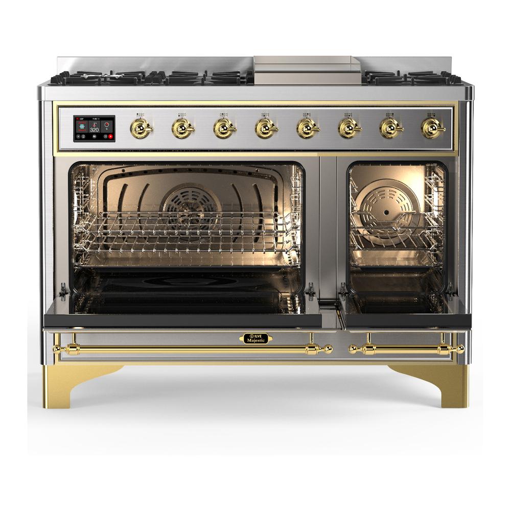 Ilve UM48FQNR3SSGLP Ilve Um48Fqnr3Ssglp Majestic Iii 48 Inch Dual Fuel Range With 8 Burners And Griddle, Dual Function Burner Up To 25,000 Btu (Liquid Propane, Solid Door, Stainless Steel, Brass)