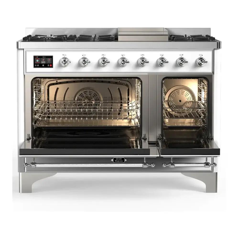 Ilve UM48FNR3RACLP Ilve Um48Fnr3Raclp Majestic Iii 48 Inch Dual Fuel Range With 8 Burners And Griddle, Dual Function Burner Up To 25,000 Btu (Liquid Propane, Triple Glass Door, Ral, Chrome)