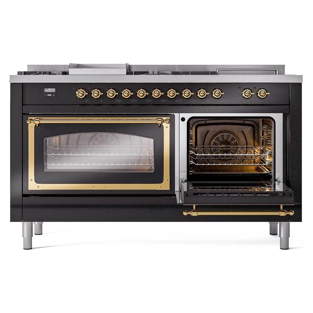 Ilve UN60FSNMPBKGLP Ilve Un60Fsnmpbkglp Nostalgie Ii Noblesse 60" Dual Fuel Range (7 Sealed Burners + Griddle + French Top, Liquid Propane, Triple Glass Door, Glossy Black, Brass)