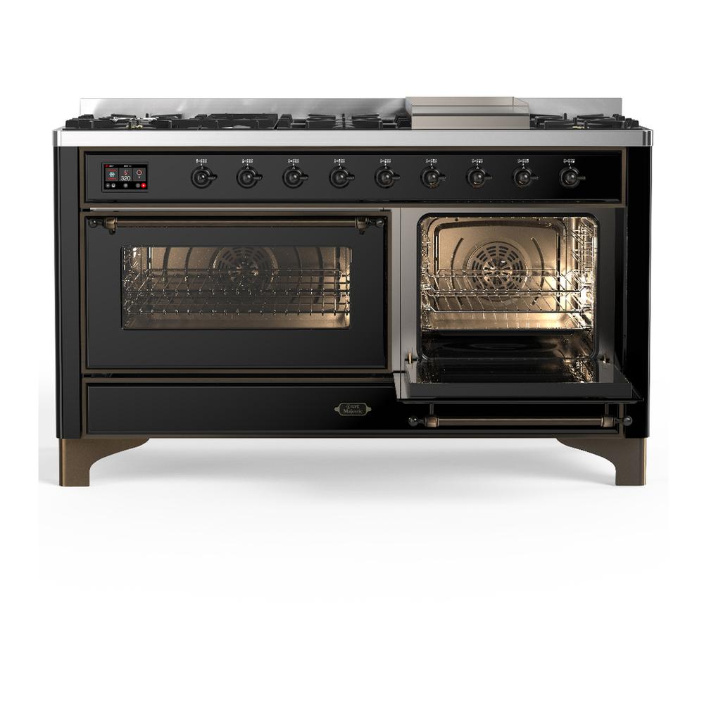 Ilve UM60FNR3BKBLP Ilve Um60Fnr3Bkblp Majestic Iii 60 Inch Dual Fuel Range With 9 Burners And Griddle, Dual Function Burner Up To 25,000 Btu (Liquid Propane, Triple Glass Door, Glossy Black, Burnished)