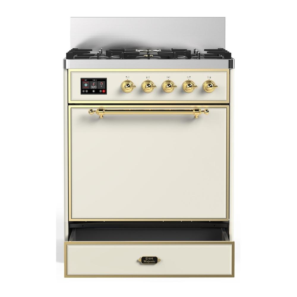 Ilve UM30QNR3AWG Ilve Um30Qnr3Awg Majestic Iii 30 Inch Dual Fuel Range With 5 Black Brass Burners, Dual Function Burner Up To 25,000 Btu (Natural Gas, Solid Door, Antique White, Brass)