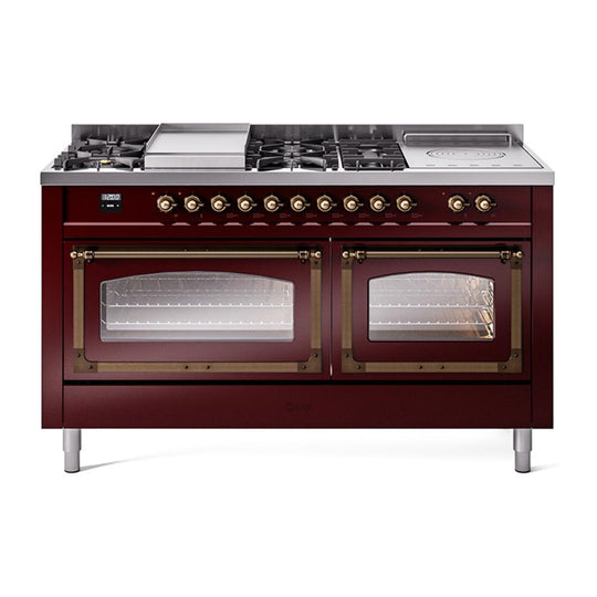 Ilve UN60FSNMPBUB Ilve Un60Fsnmpbub Nostalgie Ii Noblesse 60" Dual Fuel Range (7 Sealed Burners + Griddle + French Top, Natural Gas, Triple Glass Door, Burgundy, Burnished)