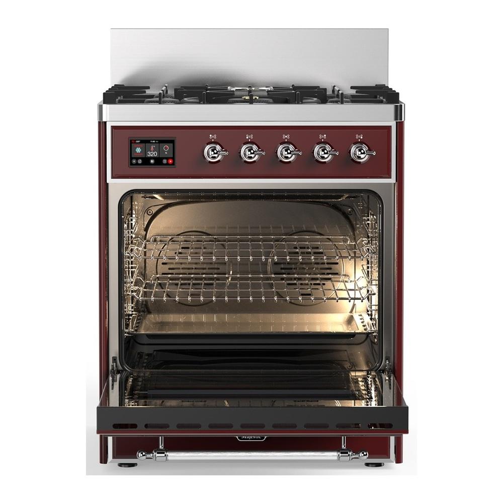 Ilve UM30NR3BUC Ilve Um30Nr3Buc Majestic Iii 30 Inch Dual Fuel Range With 5 Black Brass Burners, Dual Function Burner Up To 25,000 Btu (Natural Gas, Triple Glass Door, Burgundy, Chrome)