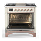 Ilve UM36FQNR3AWP Ilve Um36Fqnr3Awp Majestic Iii 36 Inch Dual Fuel Range With 6 Black Brass Burners And Griddle, Dual Function Burner Up To 25,000 Btu (Solid Door, Antique White, Copper, Natural Gas)