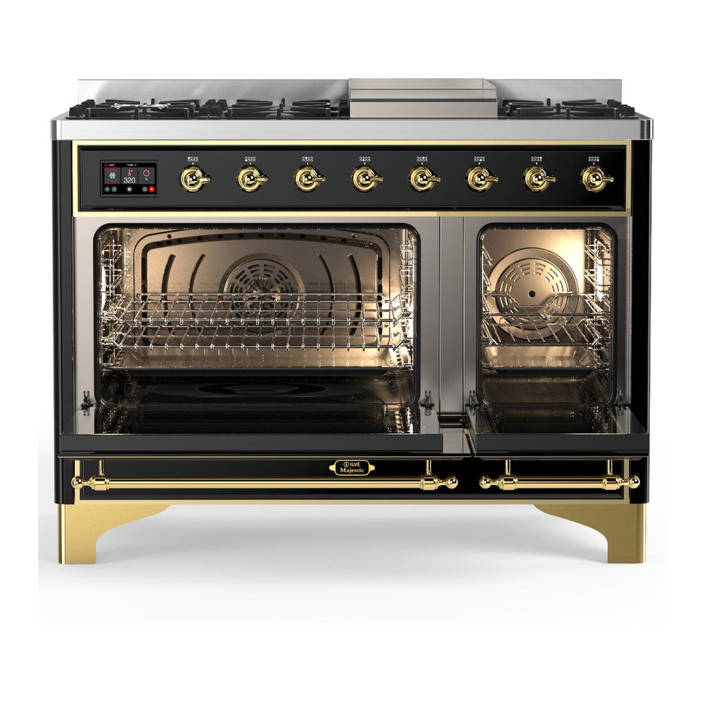 Ilve UM48FNR3BKG Ilve Um48Fnr3Bkg Majestic Iii 48 Inch Dual Fuel Range With 8 Burners And Griddle, Dual Function Burner Up To 25,000 Btu (Natural Gas, Triple Glass Door, Glossy Black, Brass)