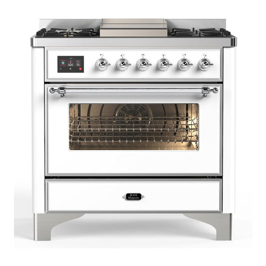 Ilve UM36FNR3WHC Ilve Um36Fnr3Whc Majestic Iii 36 Inch Dual Fuel Range With 6 Black Brass Burners And Griddle, Dual Function Burner Up To 25,000 Btu (Triple Glass Door, White, Chrome, Natural Gas)