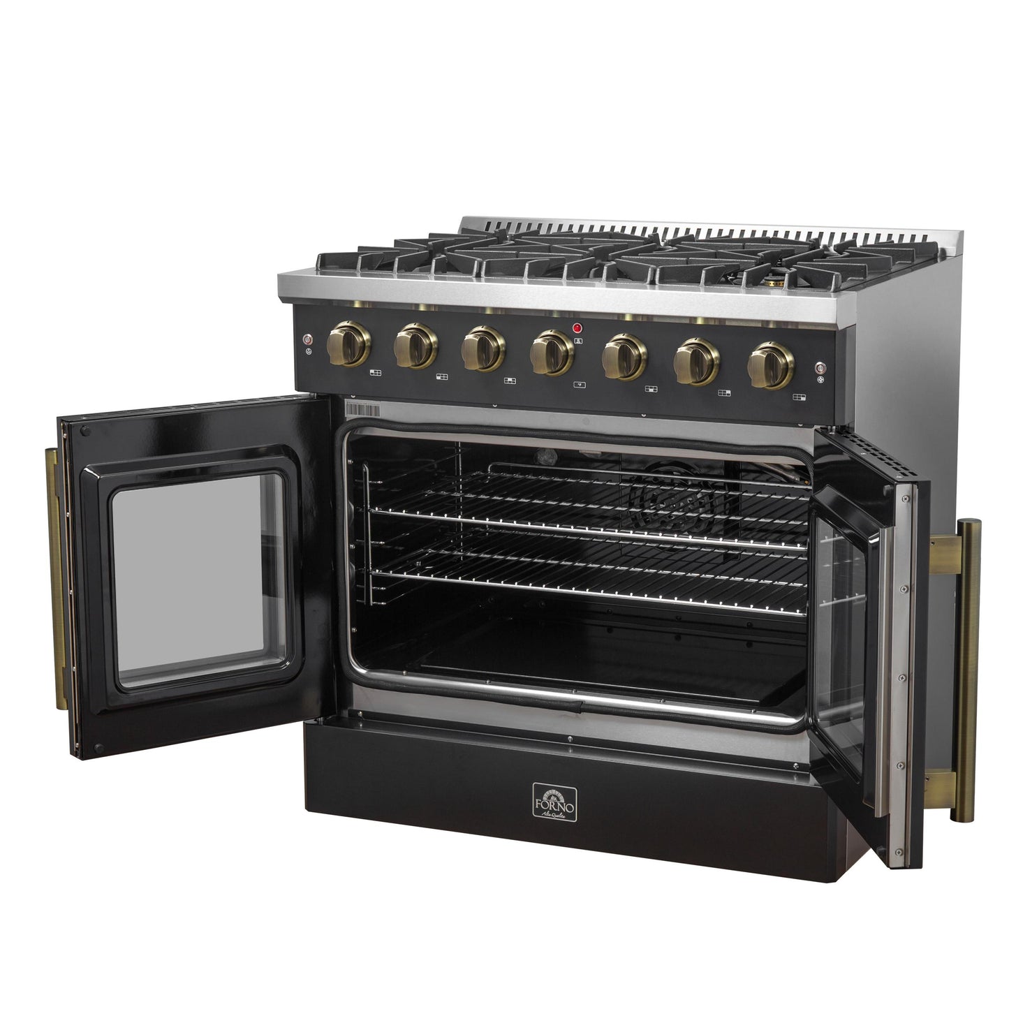 Forno FFSGS644436BLK Forno Galiano 36-Inch French Door Gas Range Black And Antique Brass Design, 6 Sealed Burners 83,000 Btu, 5.36 Cu.Ft. Convection Oven