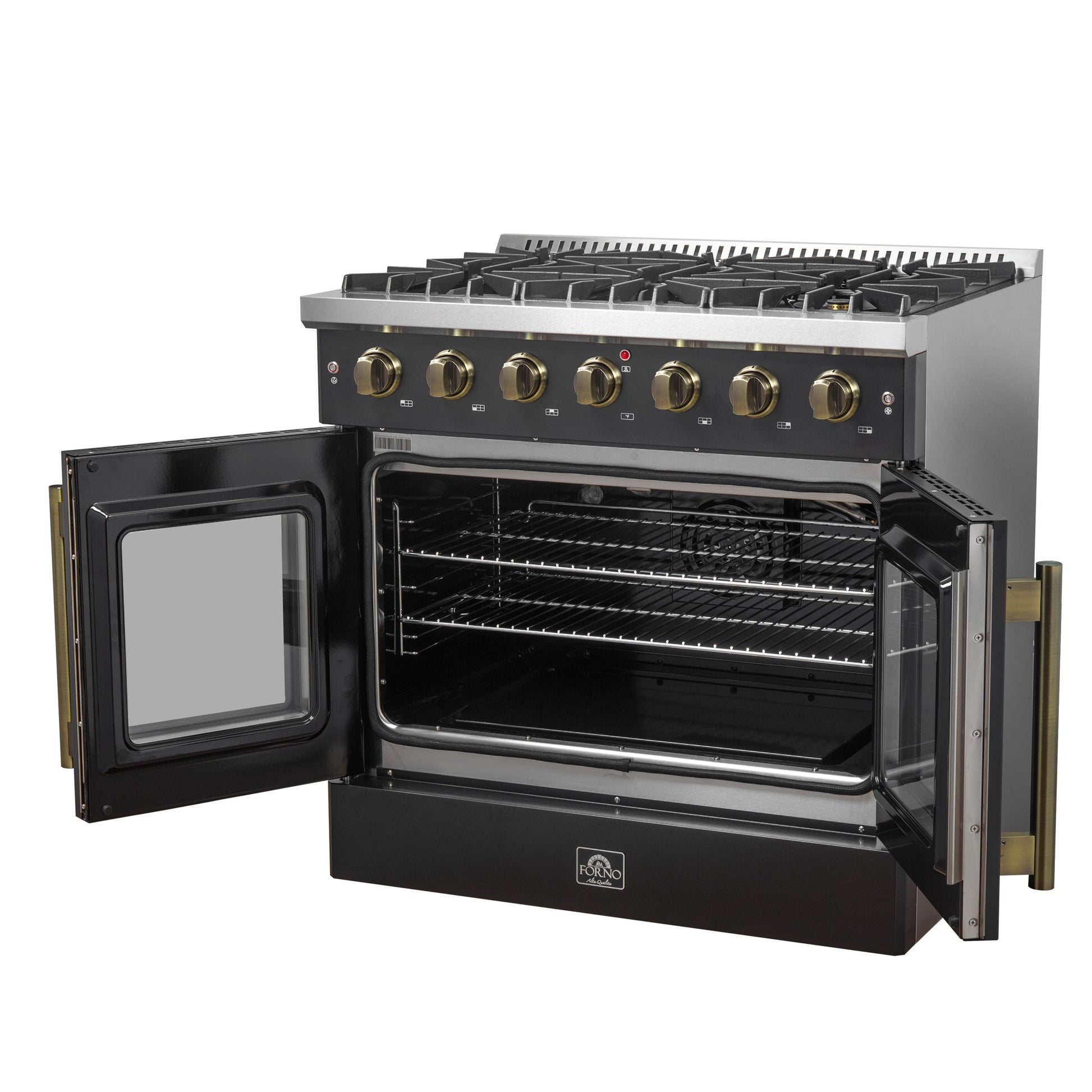 Forno FFSGS644436BLK Forno Galiano 36-Inch French Door Gas Range Black And Antique Brass Design, 6 Sealed Burners 83,000 Btu, 5.36 Cu.Ft. Convection Oven