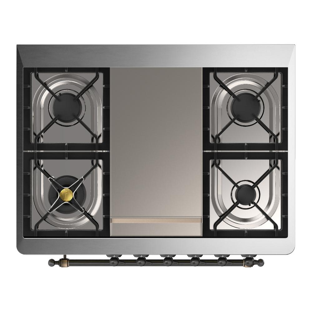 Ilve UM36FQNR3EGB Ilve Um36Fqnr3Egb Majestic Iii 36 Inch Dual Fuel Range With 6 Black Brass Burners And Griddle, Dual Function Burner Up To 25,000 Btu (Solid Door, Emerald Green, Burnished, Natural Gas)