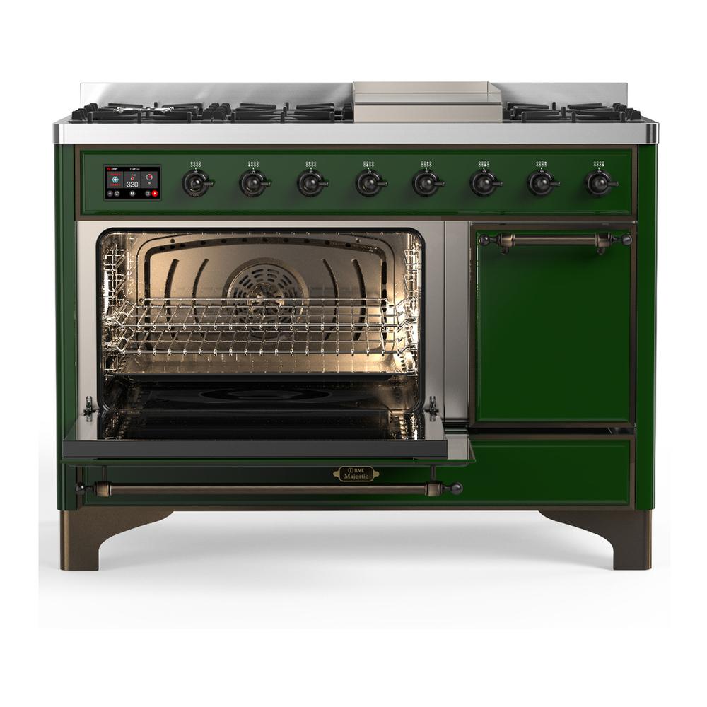Ilve UM48FQNR3EGB Ilve Um48Fqnr3Egb Majestic Iii 48 Inch Dual Fuel Range With 8 Burners And Griddle, Dual Function Burner Up To 25,000 Btu (Natural Gas, Solid Door, Emerald Green, Burnished)