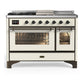 Ilve UM48FSNR3AWBLP Ilve Um48Fsnr3Awblp Majestic Iii 48 Inch Dual Fuel Range With 5 Black Brass Burners, Griddle And French Top, Dual Function Burner Up To 25,000 Btu (Liquid Propane, Triple Glass Door, Antique White, Burnished)
