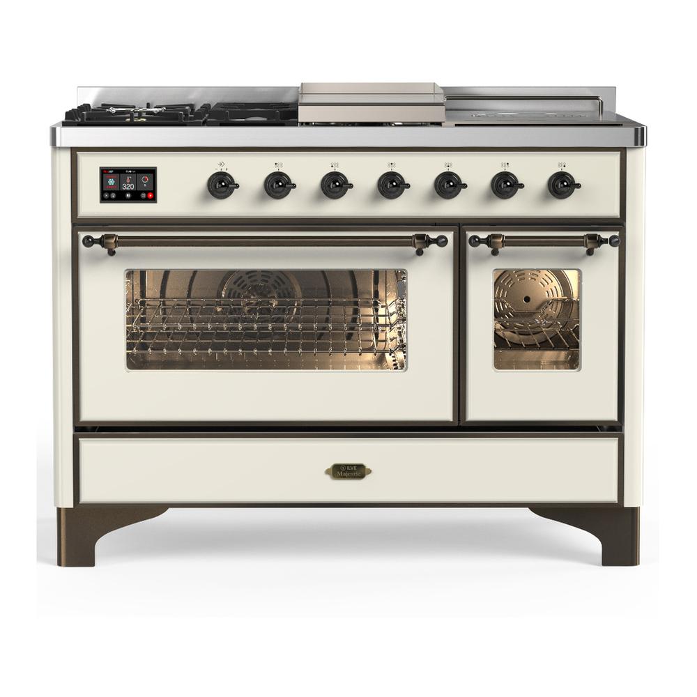 Ilve UM48FSNR3AWBLP Ilve Um48Fsnr3Awblp Majestic Iii 48 Inch Dual Fuel Range With 5 Black Brass Burners, Griddle And French Top, Dual Function Burner Up To 25,000 Btu (Liquid Propane, Triple Glass Door, Antique White, Burnished)