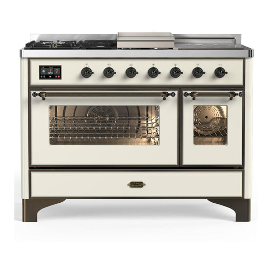 Ilve UM48FSNR3AWBLP Ilve Um48Fsnr3Awblp Majestic Iii 48 Inch Dual Fuel Range With 5 Black Brass Burners, Griddle And French Top, Dual Function Burner Up To 25,000 Btu (Liquid Propane, Triple Glass Door, Antique White, Burnished)