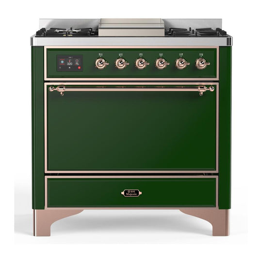 Ilve UM36FQNR3EGPLP Ilve Um36Fqnr3Egplp Majestic Iii 36 Inch Dual Fuel Range With 6 Black Brass Burners And Griddle, Dual Function Burner Up To 25,000 Btu (Solid Door, Emerald Green, Copper, Liquid Propane)