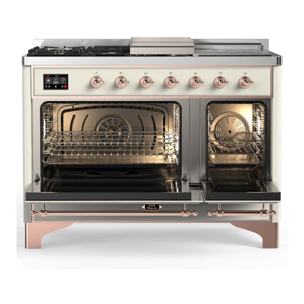 Ilve UM48FSQNR3AWPLP Ilve Um48Fsqnr3Awplp Majestic Iii 48 Inch Dual Fuel Range With 5 Black Brass Burners, Griddle And French Top, Dual Function Burner Up To 25,000 Btu (Liquid Propane, Solid Door, Antique White, Copper)