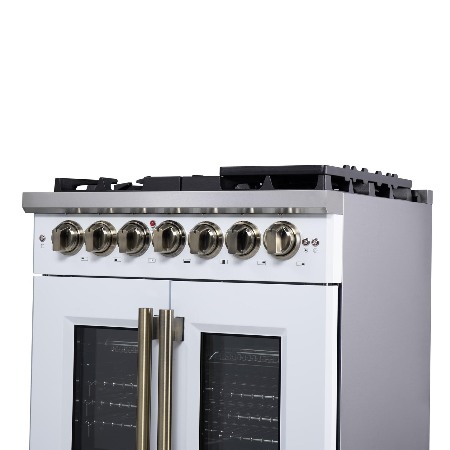Forno FFSGS638730WHT Forno Capriasca 30-Inch Freestanding French Door Dual Fuel Range In White With Antique Brass Accessories, 5 Burners, True Convection Oven