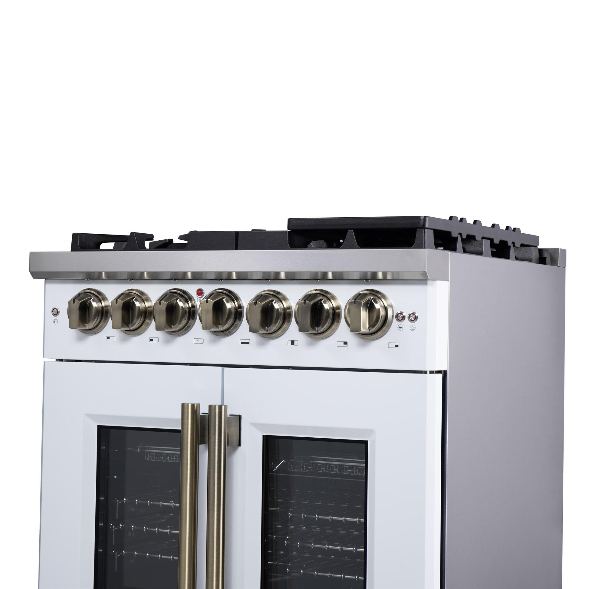Forno FFSGS638730WHT Forno Capriasca 30-Inch Freestanding French Door Dual Fuel Range In White With Antique Brass Accessories, 5 Burners, True Convection Oven