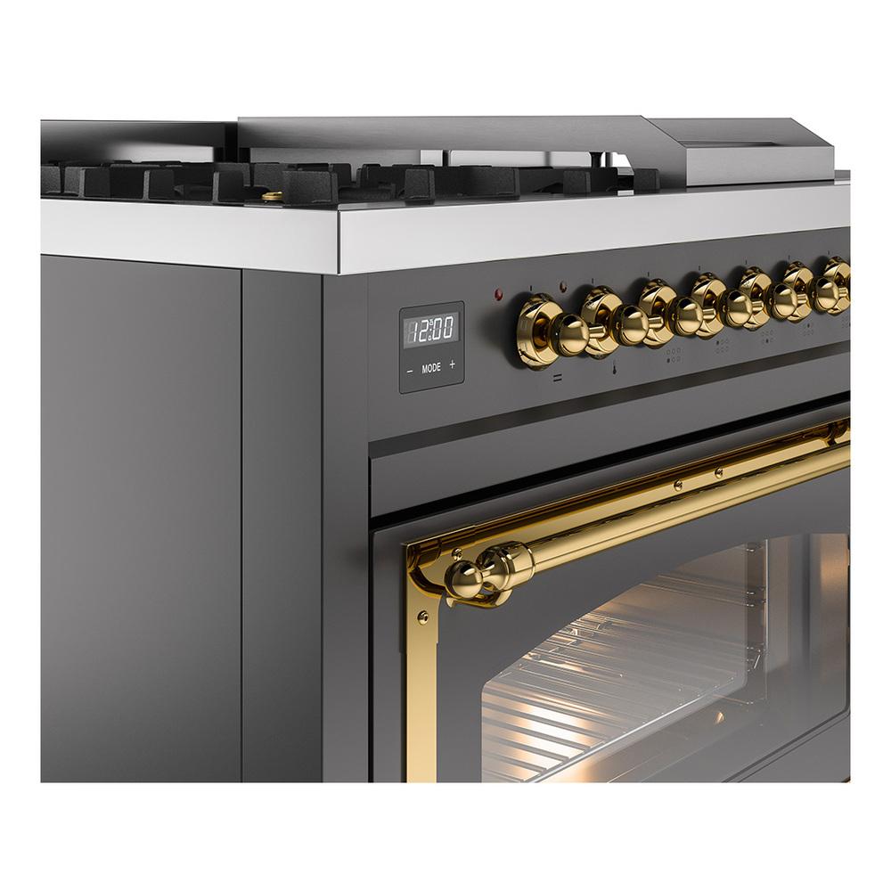Ilve UN48FSNMPMGG Ilve Un48Fsnmpmgg Nostalgie Ii Noblesse 48" Dual Fuel Range (5 Sealed Burners + Griddle + French Top, Natural Gas, Triple Glass Door, Graphite Matte, Brass)