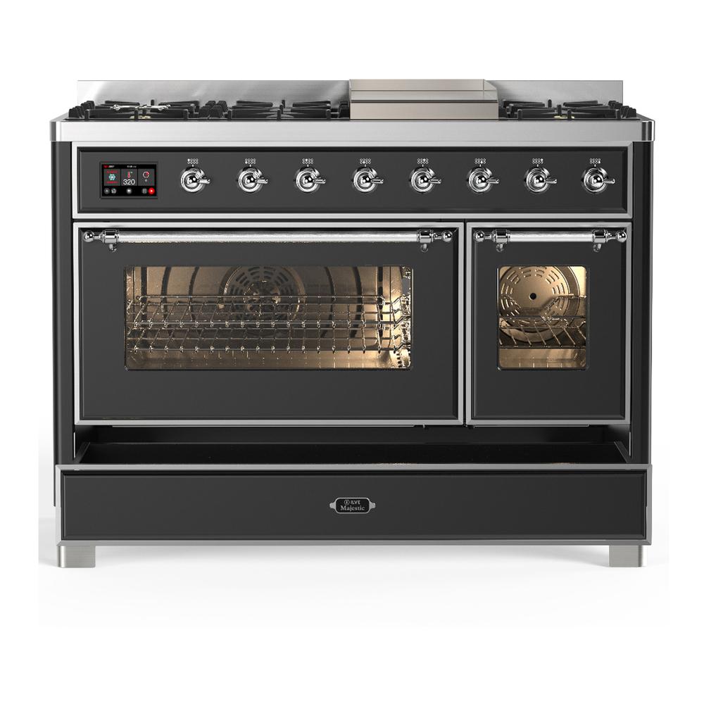 Ilve UM48FNR3MGCLP Ilve Um48Fnr3Mgclp Majestic Iii 48 Inch Dual Fuel Range With 8 Burners And Griddle, Dual Function Burner Up To 25,000 Btu (Liquid Propane, Triple Glass Door, Graphite Matte, Chrome)