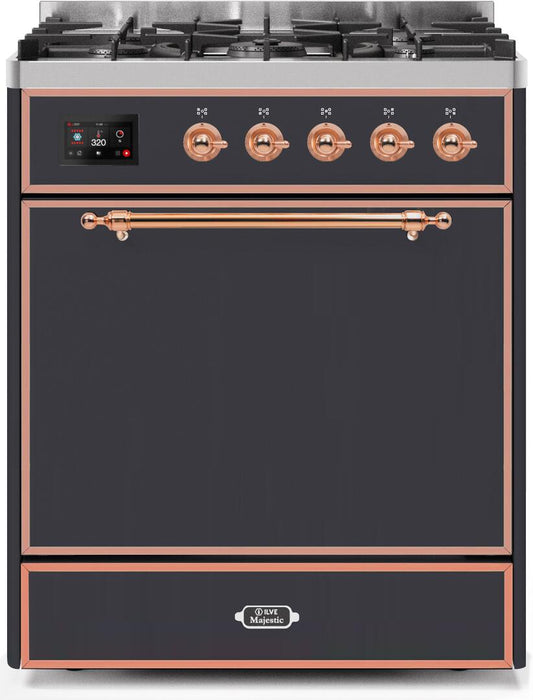 Ilve UM30DQNE3MGP Majestic Ii 30 Inch Dual Fuel Natural Gas Freestanding Range In Matte Graphite With Copper Trim