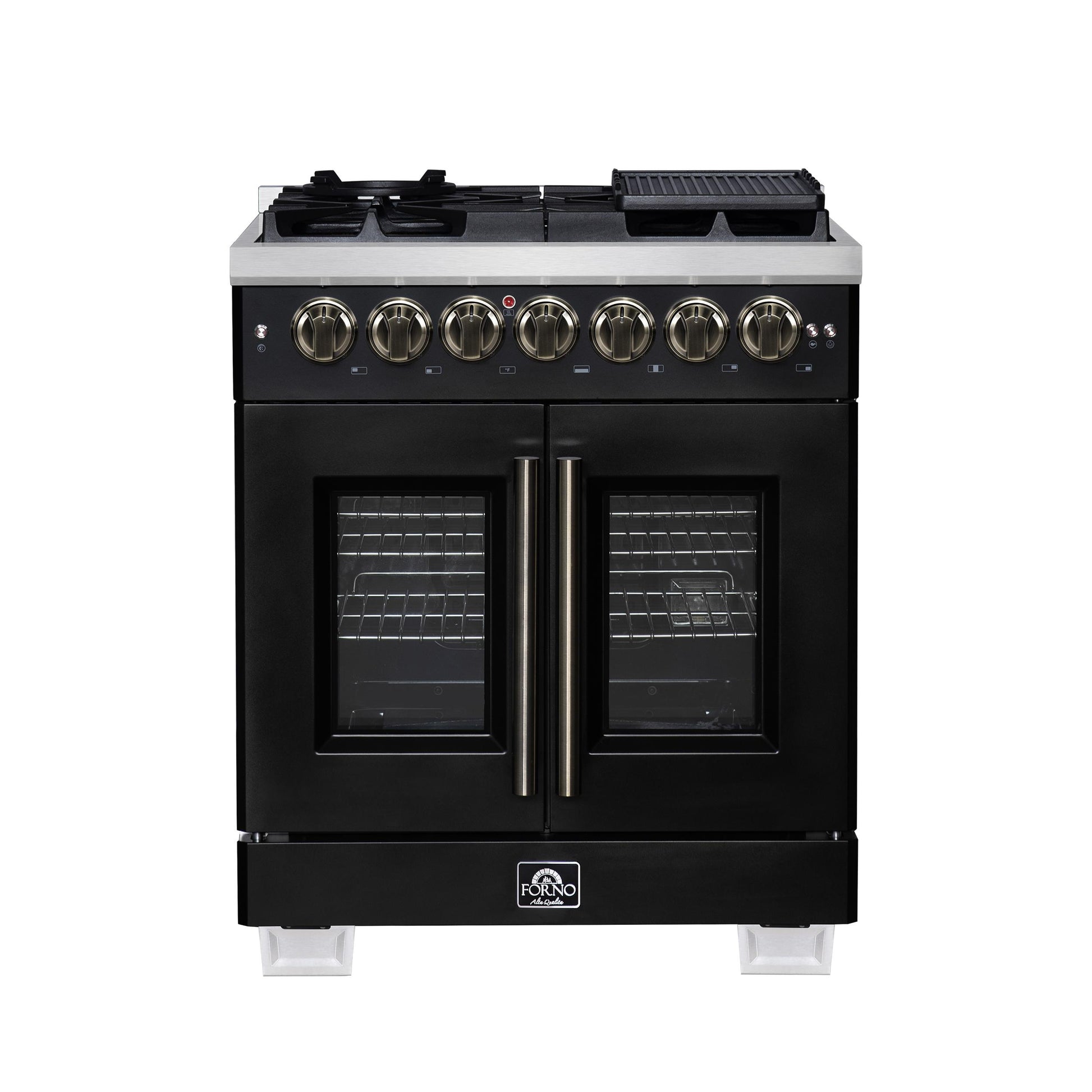 Forno FFSGS638730BLK Forno Capriasca 30-Inch Freestanding French Door Dual Fuel Range In Black With Antique Brass Accessories, 5 Burners, True Convection Oven