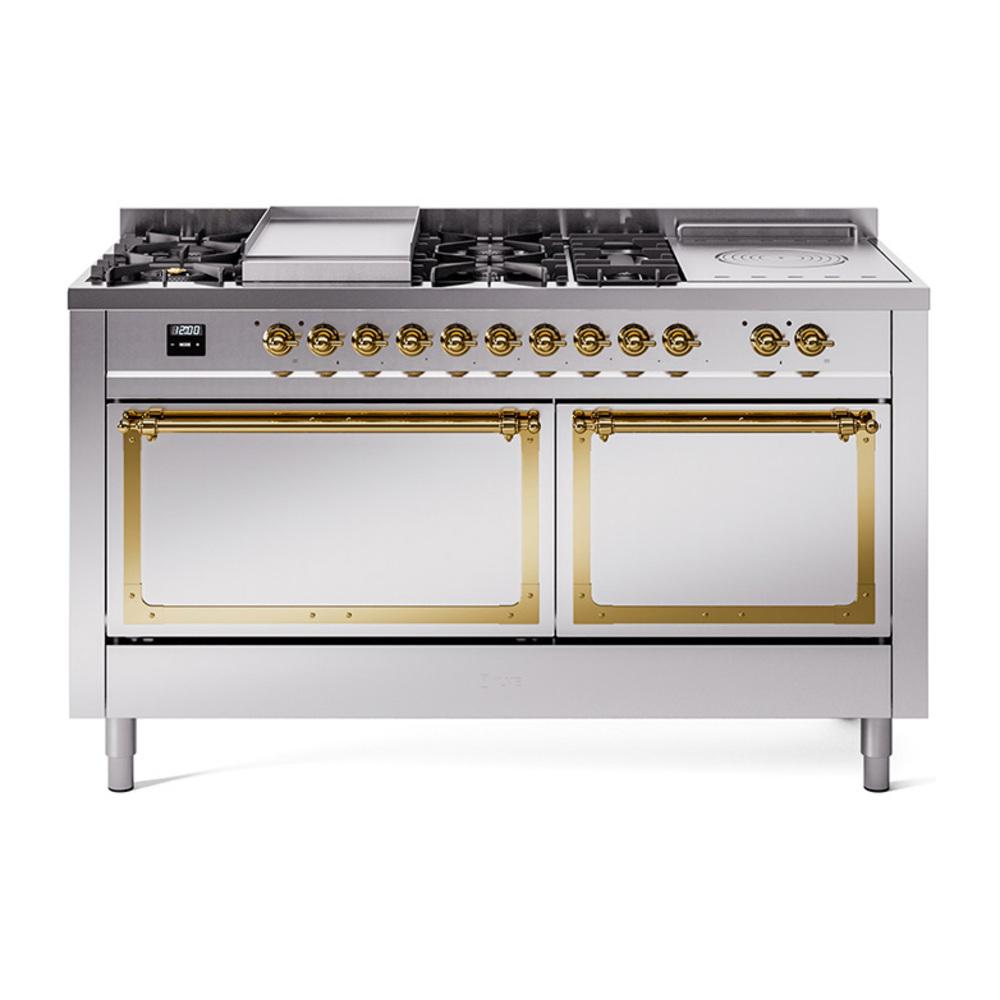 Ilve UN60FSQNMPSSG Ilve Un60Fsqnmpssg Nostalgie Ii Noblesse 60" Dual Fuel Range (7 Sealed Burners + Griddle + French Top, Natural Gas, Solid Door, Stainless Steel, Brass)