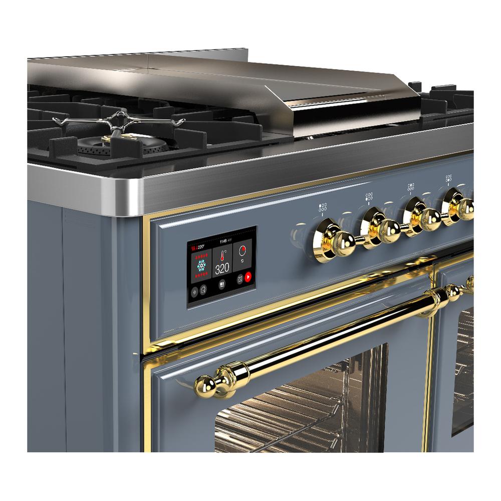 Ilve UMD40FNR3BGGLP Ilve Umd40Fnr3Bgglp Majestic Iii 40 Inch Dual Fuel Range With 6 Burners And Griddle, Dual Function Burner Up To 25,000 Btu (Liquid Propane, Triple Glass Door, Blue Grey, Brass)