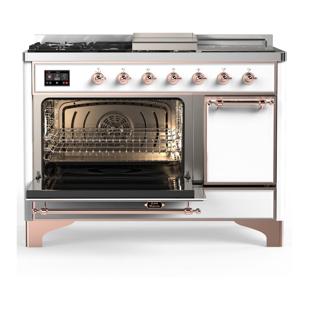 Ilve UM48FSQNR3WHPLP Ilve Um48Fsqnr3Whplp Majestic Iii 48 Inch Dual Fuel Range With 5 Black Brass Burners, Griddle And French Top, Dual Function Burner Up To 25,000 Btu (Liquid Propane, Solid Door, White, Copper)