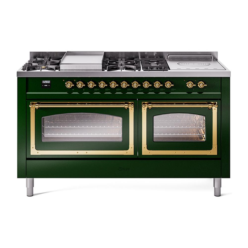 Ilve UN60FSNMPEGG Ilve Un60Fsnmpegg Nostalgie Ii Noblesse 60" Dual Fuel Range (7 Sealed Burners + Griddle + French Top, Natural Gas, Triple Glass Door, Emerald Green, Brass)