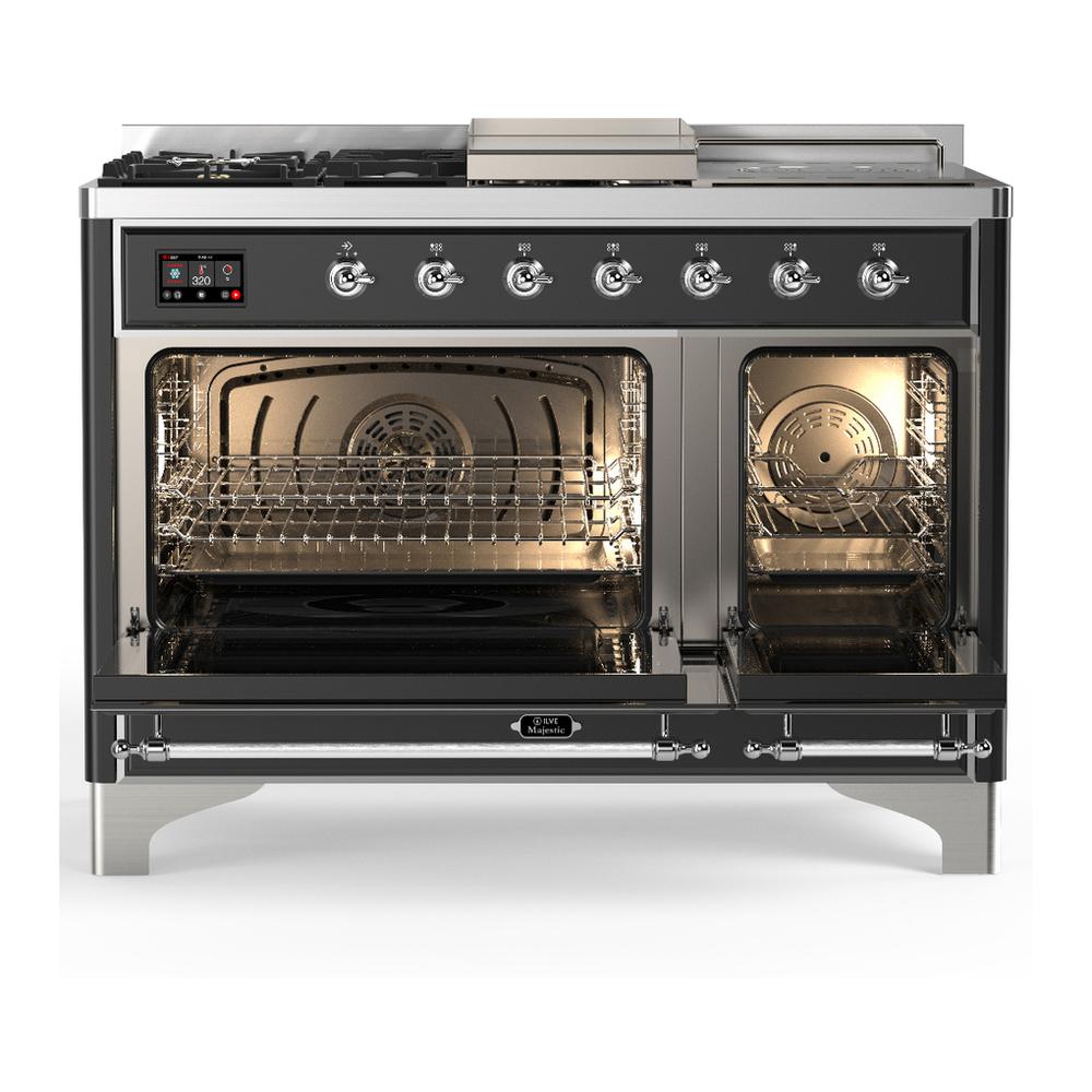 Ilve UM48FSQNR3MGCLP Ilve Um48Fsqnr3Mgclp Majestic Iii 48 Inch Dual Fuel Range With 5 Black Brass Burners, Griddle And French Top, Dual Function Burner Up To 25,000 Btu (Liquid Propane, Solid Door, Graphite Matte, Chrome)