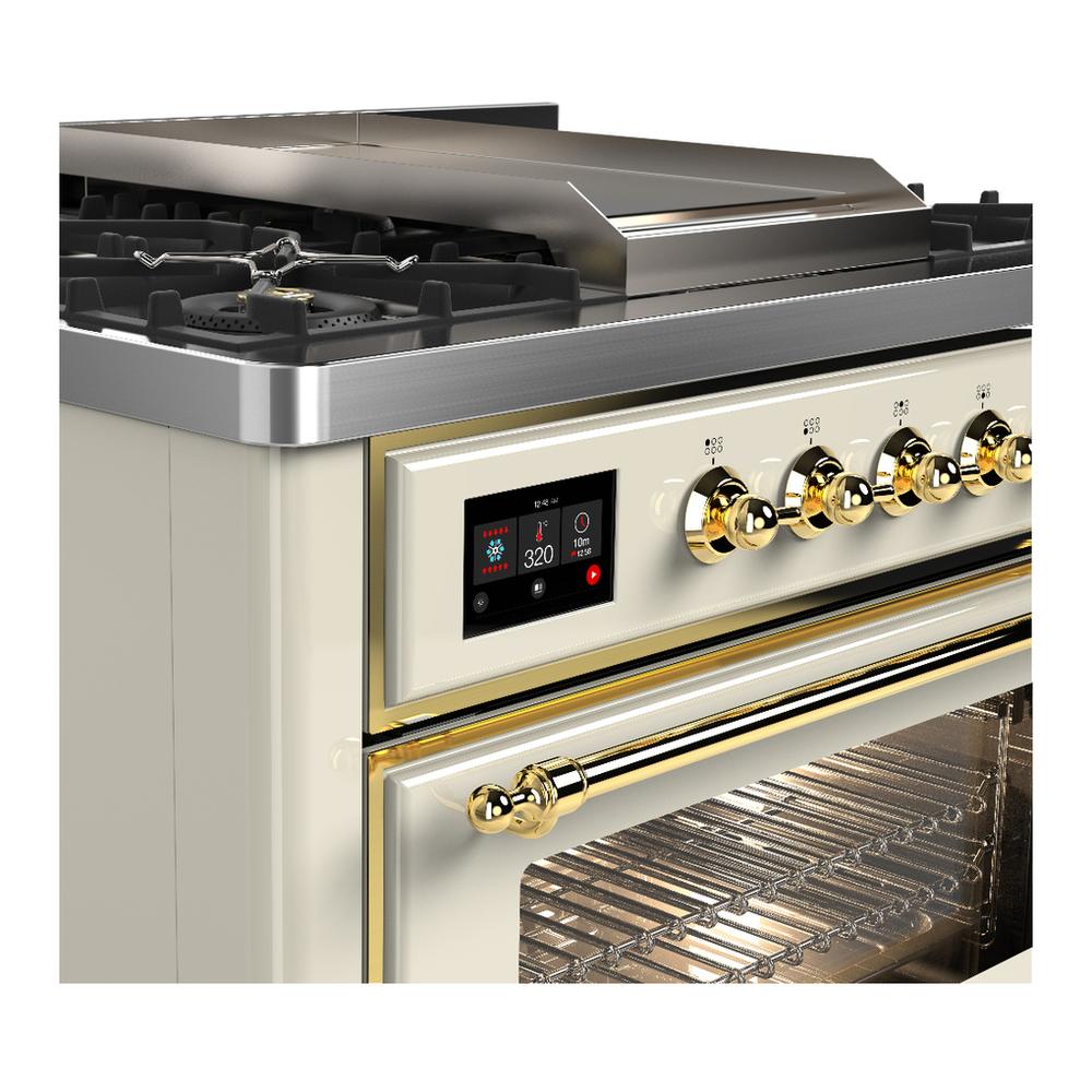Ilve UM36FNR3AWG Ilve Um36Fnr3Awg Majestic Iii 36 Inch Dual Fuel Range With 6 Black Brass Burners And Griddle, Dual Function Burner Up To 25,000 Btu (Triple Glass Door, Antique White, Brass, Natural Gas)