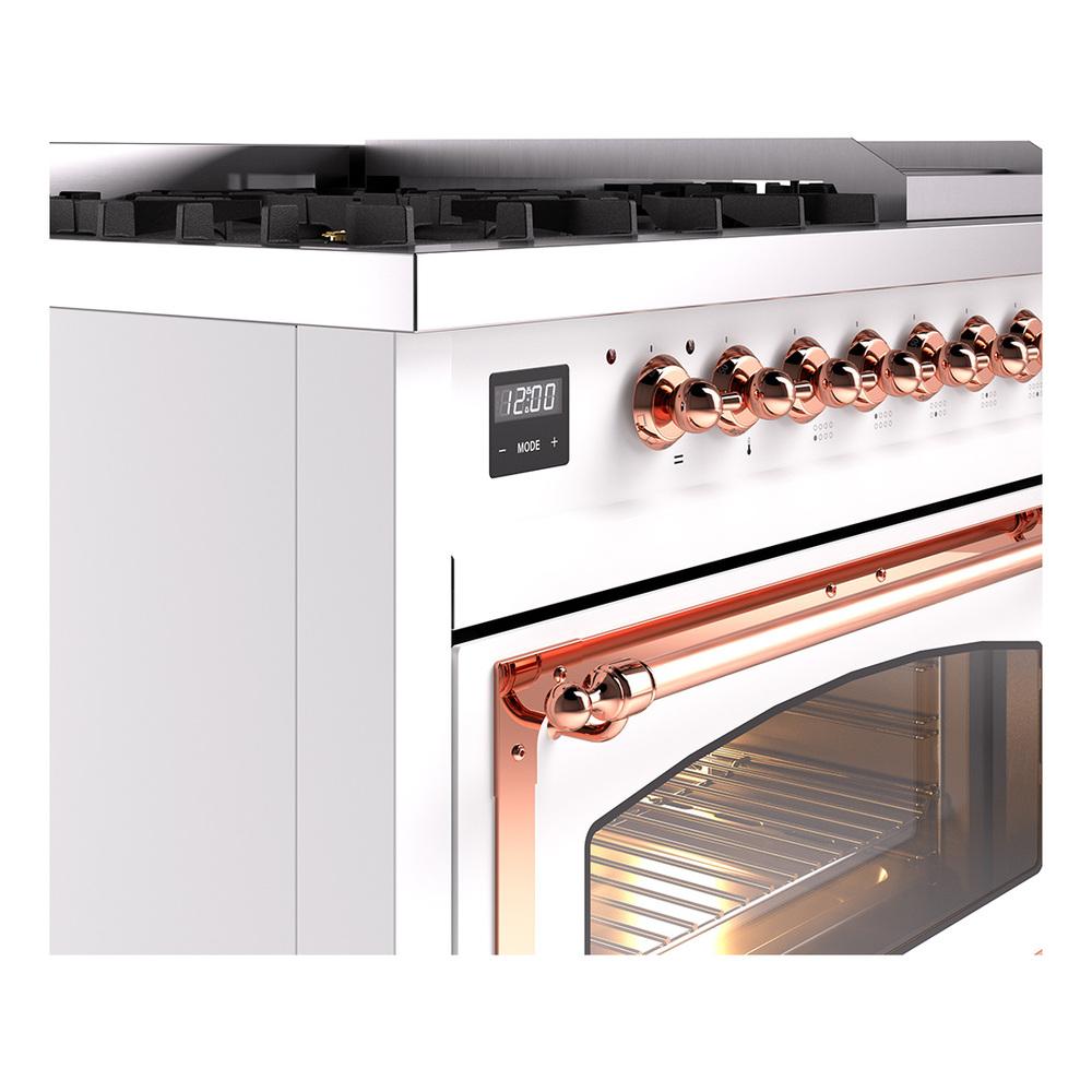 Ilve UN48FNMPWHP Ilve Un48Fnmpwhp Nostalgie Ii Noblesse 48" Dual Fuel Range (8 Sealed Burners + Griddle, Natural Gas, Triple Glass Door, White, Copper)