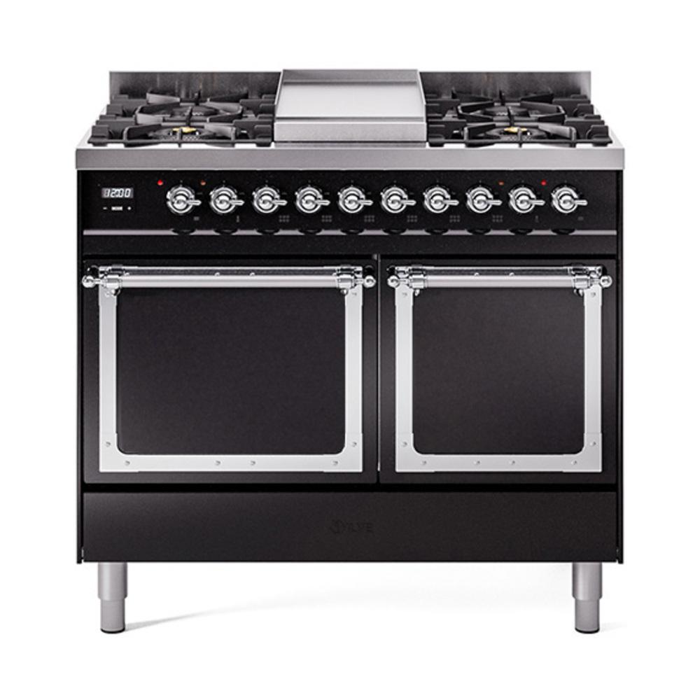Ilve UND40FQNMPBKC Ilve Und40Fqnmpbkc Nostalgie Ii Noblesse 40" Dual Fuel Range (Natural Gas, Solid Door, Glossy Black, Chrome)