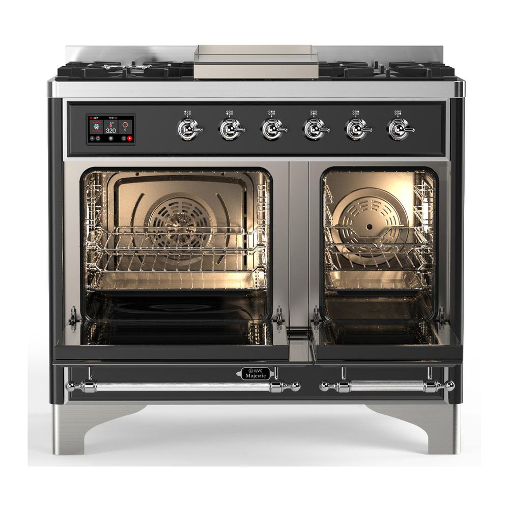 Ilve UMD40FNR3BKCLP Ilve Umd40Fnr3Bkclp Majestic Iii 40 Inch Dual Fuel Range With 6 Burners And Griddle, Dual Function Burner Up To 25,000 Btu (Liquid Propane, Triple Glass Door, Glossy Black, Chrome)
