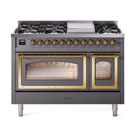 Ilve UN48FNMPMGGLP Ilve Un48Fnmpmgglp Nostalgie Ii Noblesse 48" Dual Fuel Range (8 Sealed Burners + Griddle, Liquid Propane, Triple Glass Door, Graphite Matte, Brass)